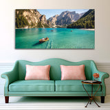 People Sitting in Boat and Rafting on Lake Canvas Wall Painting