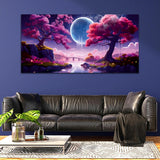 Beautiful Pink Forest Tree with Bridge Canvas Wall Painting