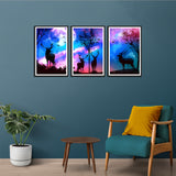 Deer in Forest at Meed Night Set of 3 Wall Frames