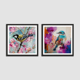 Single Birds Sitting at Tree Abstract Set of 2 Canvas Wall Frame & Art